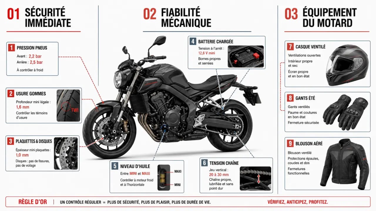 Comment bien préparer sa moto pour la saison estivale : schéma des contrôles pneus, freins, huile, batterie et équipement