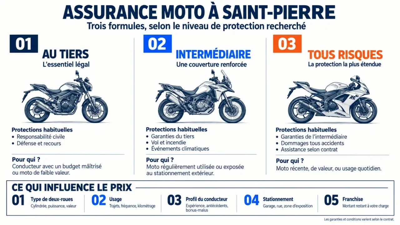 Infographie pour choisir une assurance moto pas chère à Saint-Pierre selon les garanties et le profil du conducteur
