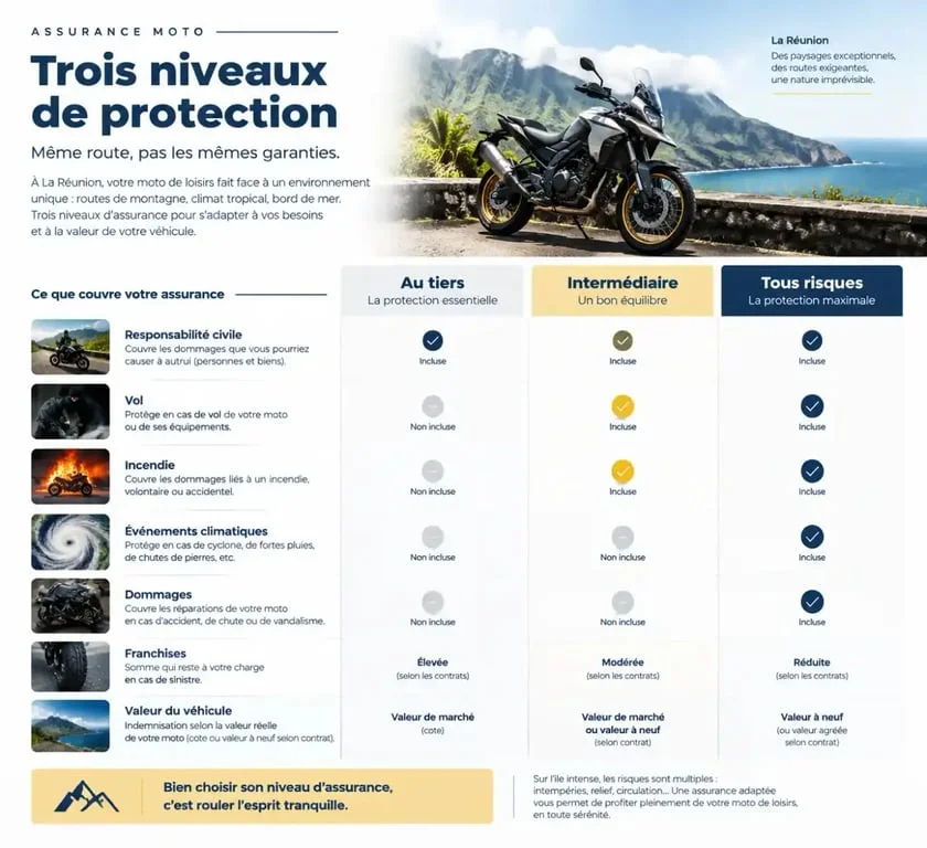 Assurance moto peu utilisée à La Réunion : comparaison des garanties au tiers, intermédiaire et tous risques