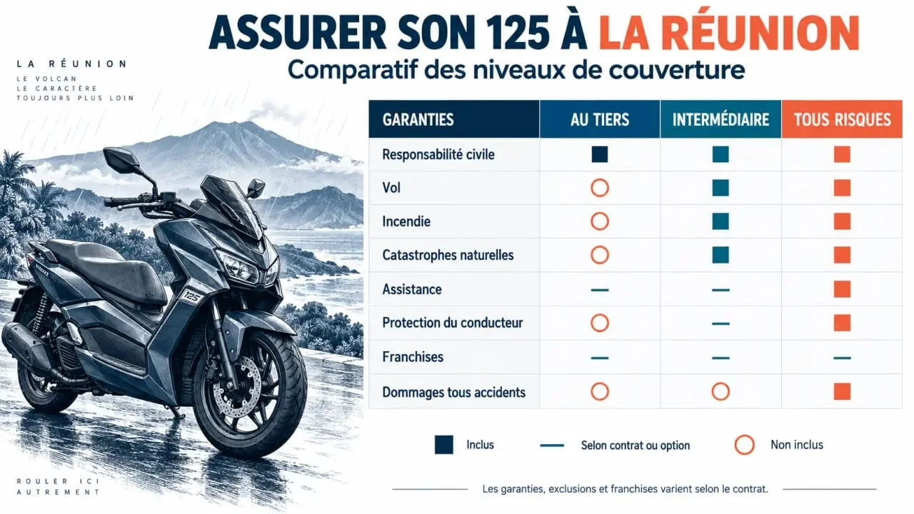 Infographie comparative pour choisir une assurance 125 pas chère à La Réunion selon les garanties