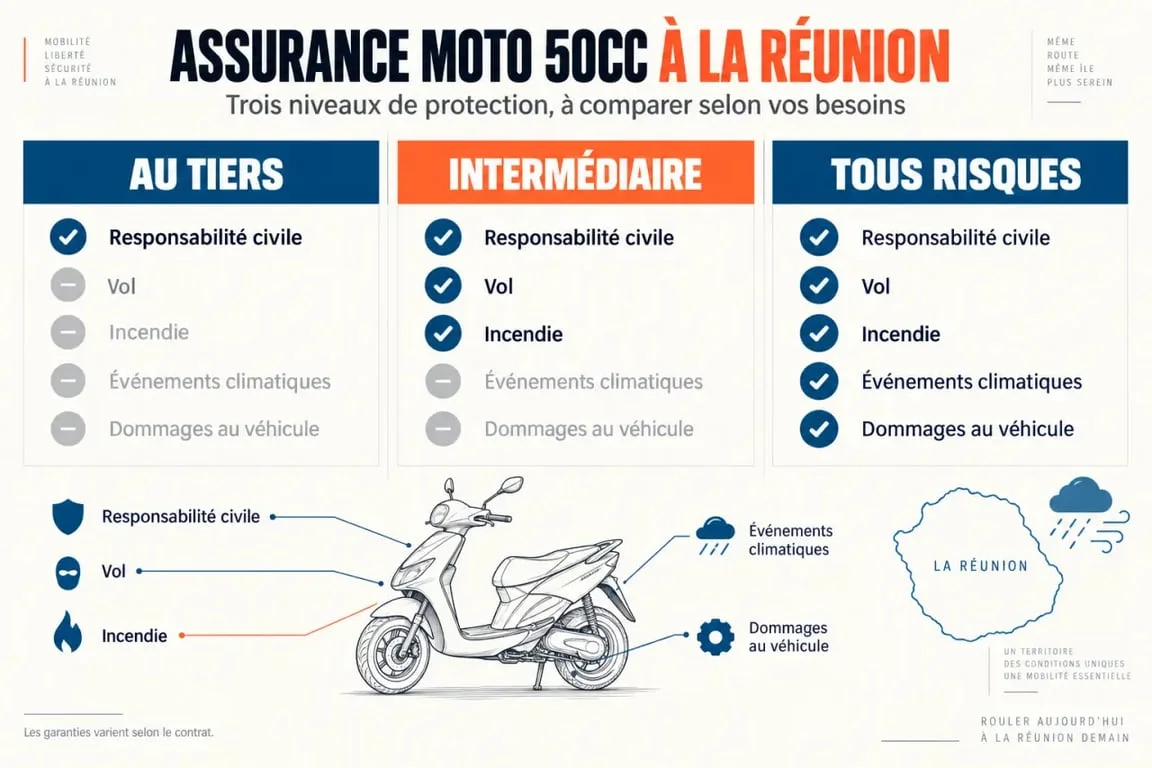 Infographie sur l’assurance moto 50cc pas chère à La Réunion et les niveaux de garanties