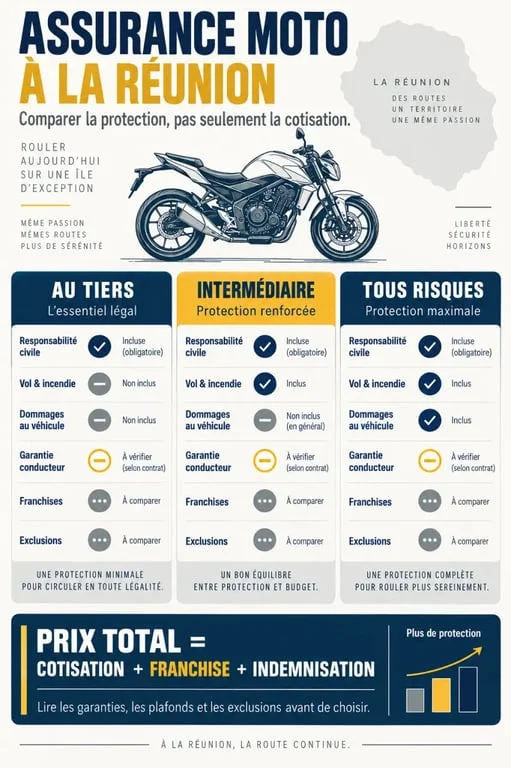 Infographie pour comparer les assurances moto pas chères à La Réunion selon les garanties, franchises et niveaux de protection
