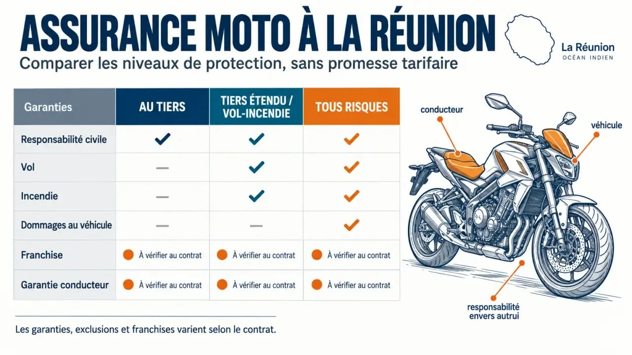 Assurance moto pas chère à La Réunion : niveaux de garanties au tiers, tiers étendu et tous risques