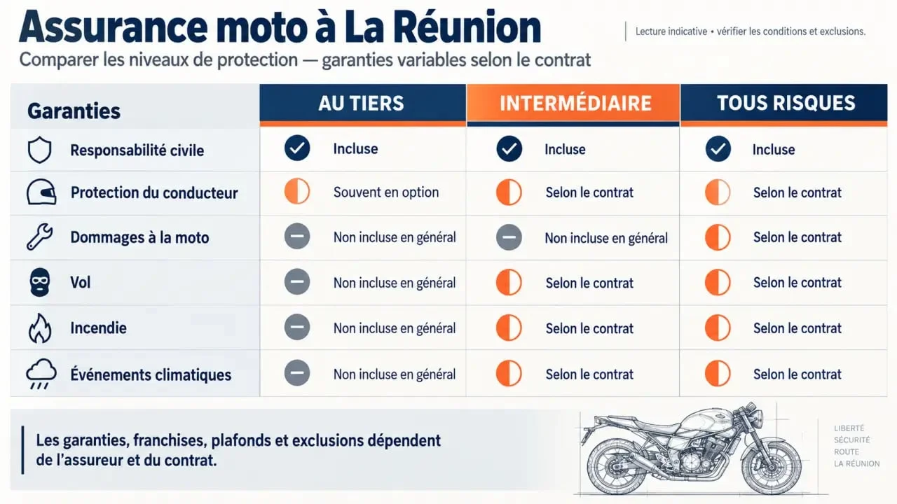 Assurance moto au tiers le moins cher à La Réunion : comparaison visuelle des niveaux de protection