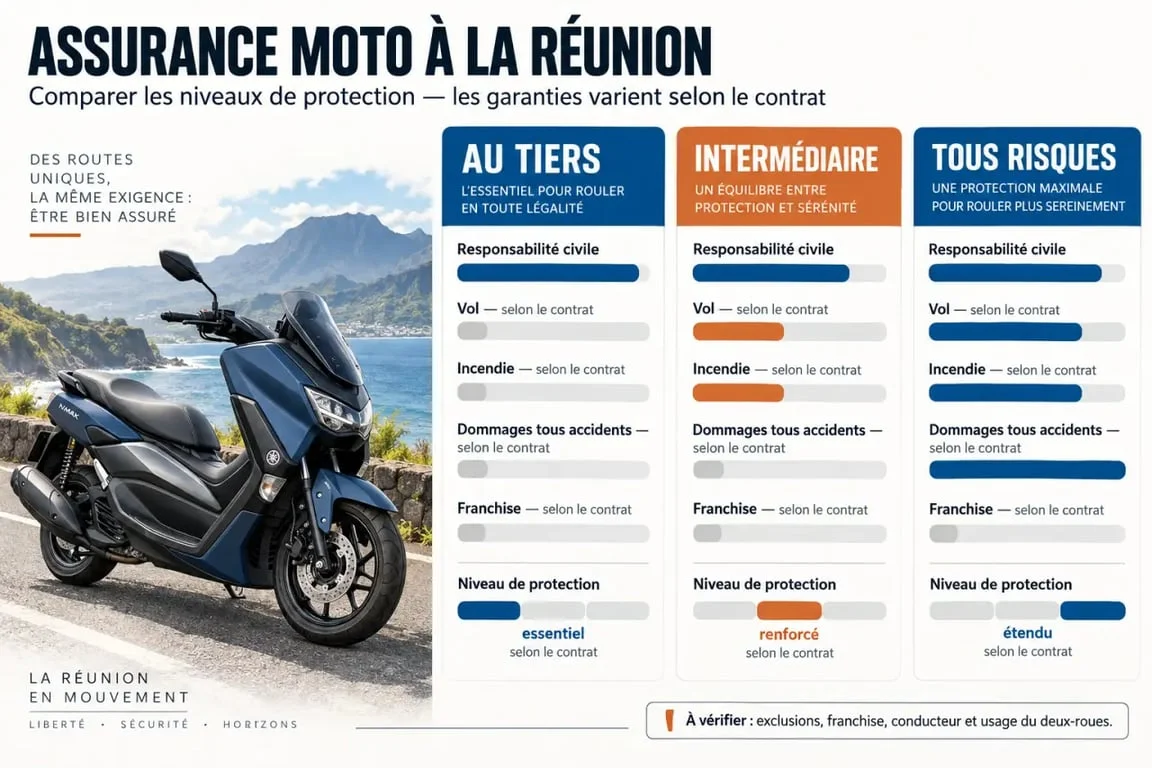 Infographie comparative sur l’assurance moto low cost en ligne à La Réunion et les niveaux de garanties