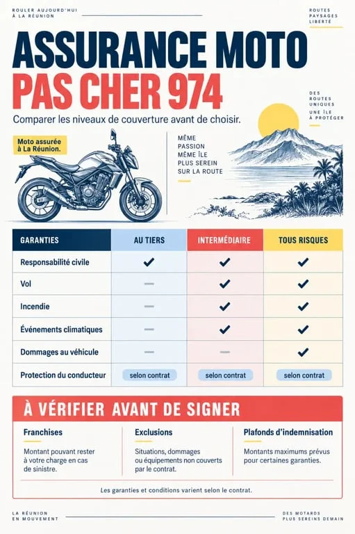 Infographie comparative sur l’assurance moto pas cher 974 et les niveaux de garanties