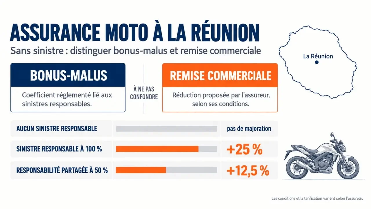 Assurance moto sans sinistre réduction à La Réunion : bonus-malus et responsabilité après sinistre