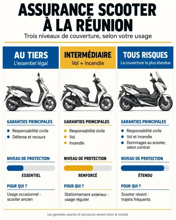 Infographie sur l’assurance scooter pas cher à La Réunion et les niveaux de garanties