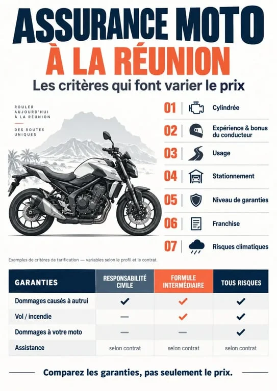Assurance moto moins de 200 euros par an à La Réunion : facteurs de prix et niveaux de garanties