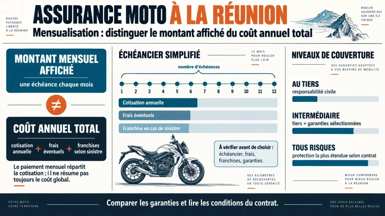 Infographie sur l'assurance moto mensualisation gratuite Réunion et le calcul du coût annuel