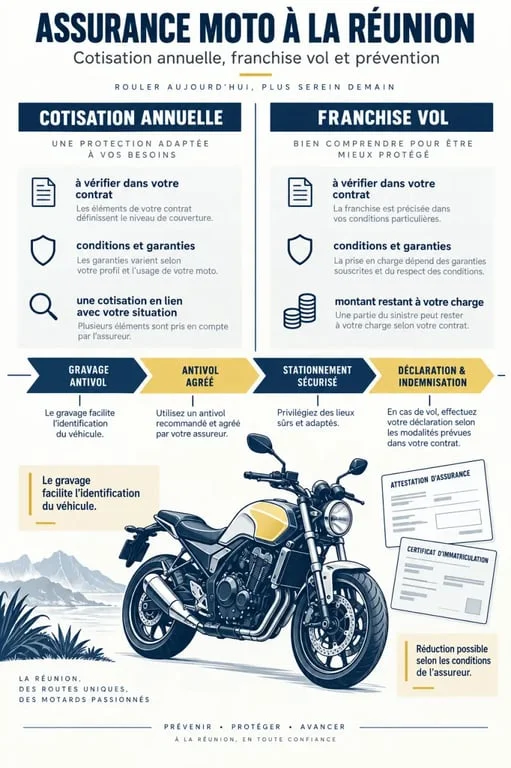 Infographie sur l’assurance moto gravage réduction à La Réunion, entre cotisation, franchise vol et conditions du contrat