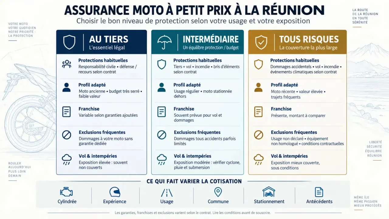 Infographie sur l’assurance moto à petit prix à La Réunion et les différences entre garanties au tiers, intermédiaire et tous risques