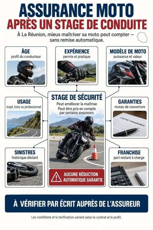 Infographie sur l’assurance moto après un stage de conduite à La Réunion et les conditions d’une éventuelle réduction