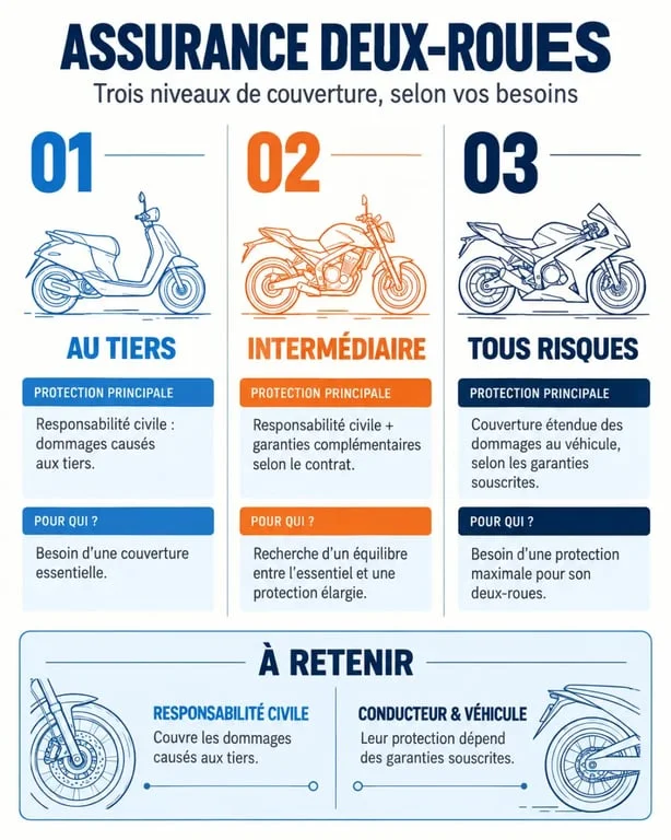 Infographie sur les niveaux d’assurance deux roues pas chère à La Réunion et leurs garanties