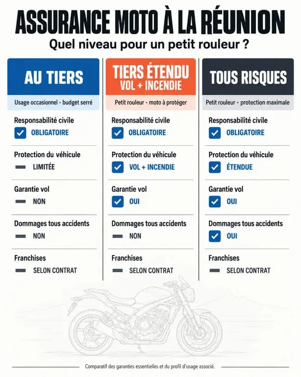 Infographie sur l’assurance moto petit rouleur à La Réunion et les niveaux de garanties