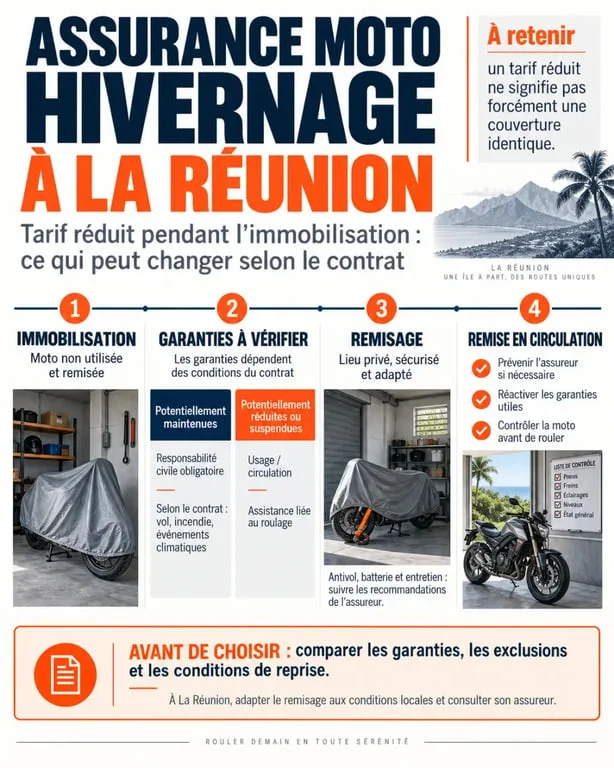 Infographie sur l’assurance moto hivernage tarif réduit à La Réunion, les garanties et la remise en circulation
