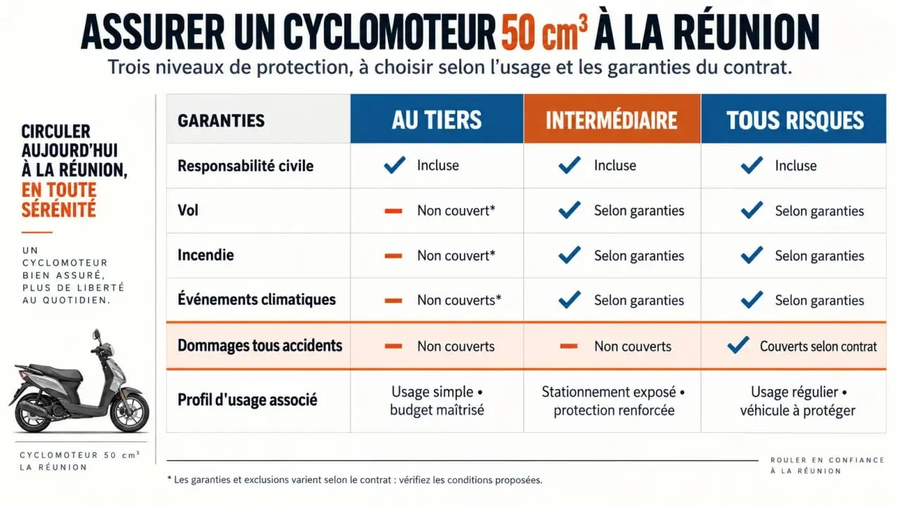 Assurance cyclomoteur pas chère 974 : comparaison des formules au tiers, intermédiaire et tous risques
