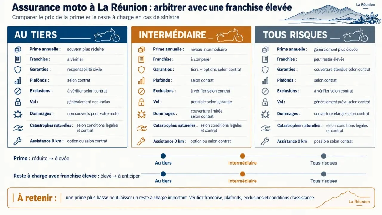 Infographie sur l’assurance moto franchise élevée prix réduit à La Réunion et les formules au tiers, intermédiaire et tous risques
