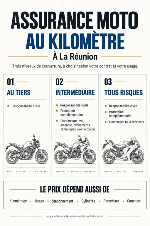 Assurance moto au kilomètre Réunion pas cher : comparaison visuelle des niveaux de garanties
