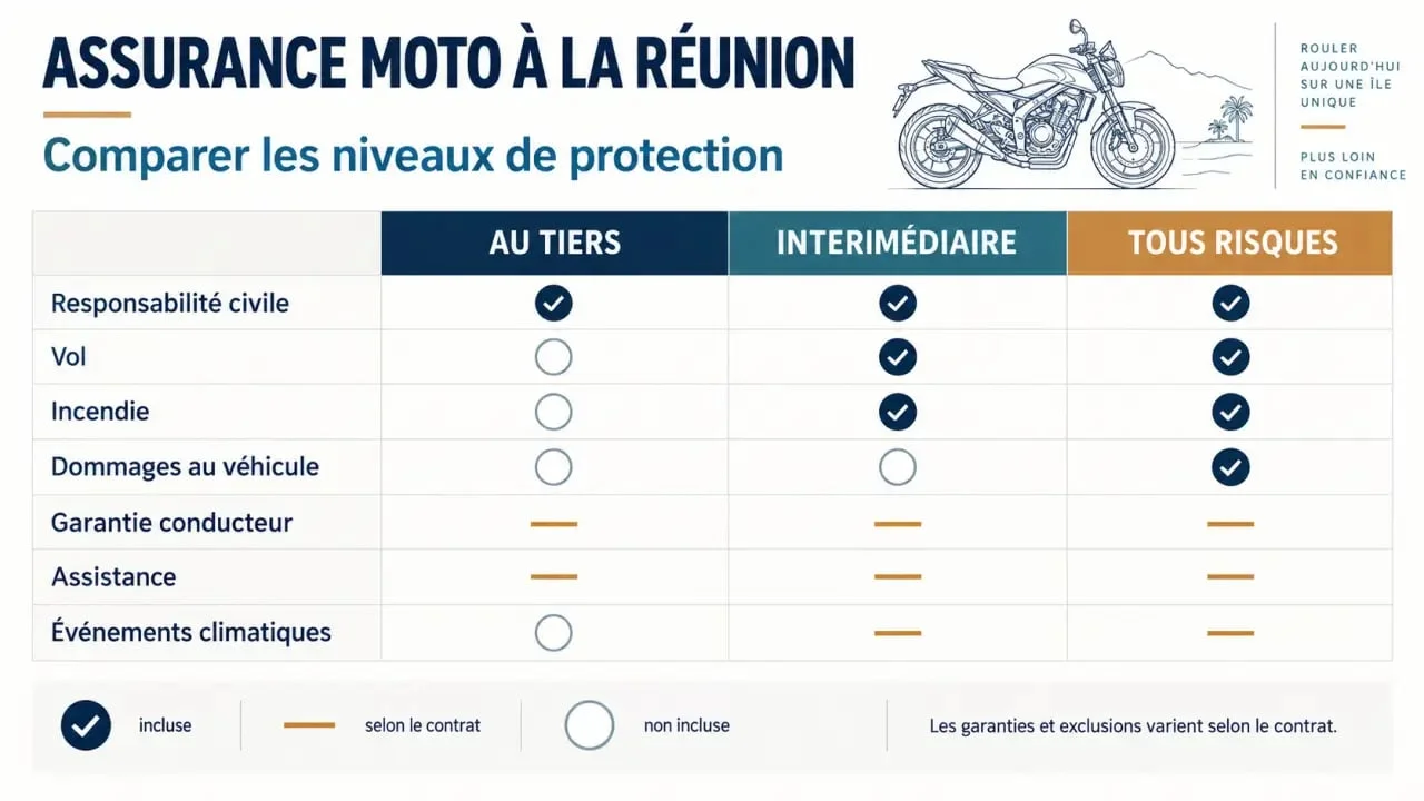 Assurance moto pas chère souscription immédiate Réunion : comparaison des formules au tiers, intermédiaire et tous risques