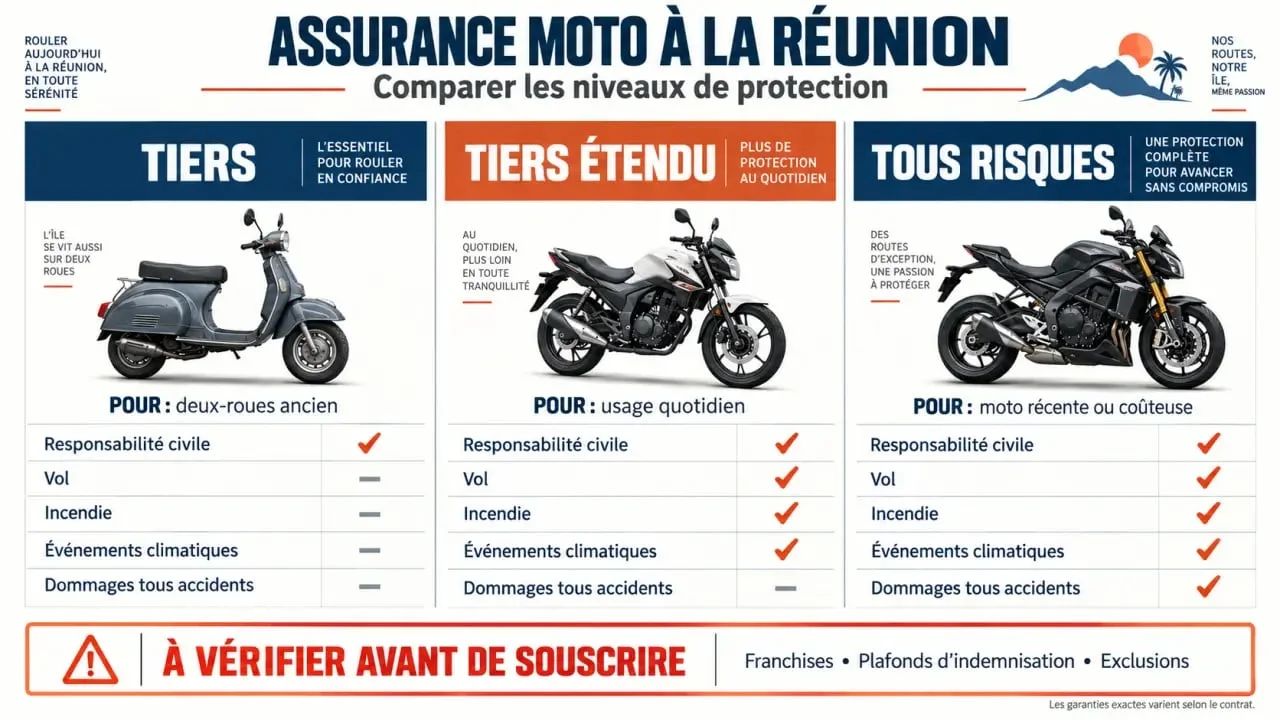 Infographie sur l’assurance moto économique à La Réunion : comparaison des formules tiers, tiers étendu et tous risques
