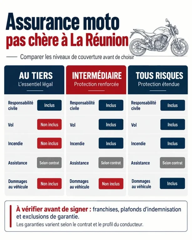 Infographie comparative sur l'assurance moto pas chère à La Réunion selon les garanties