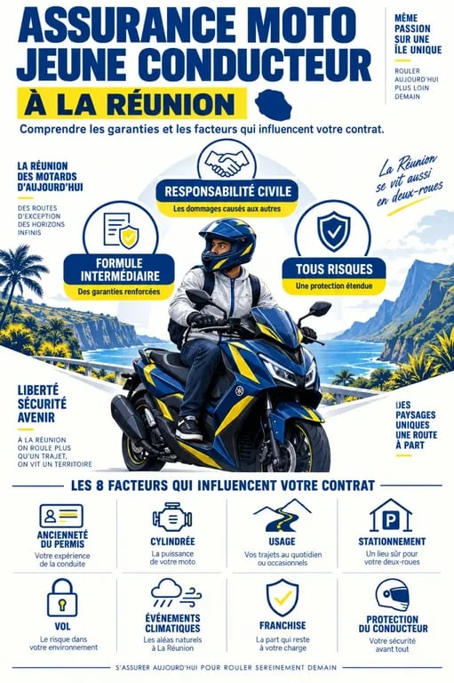 Infographie sur l'assurance moto jeune conducteur pas chère à La Réunion et les niveaux de garanties