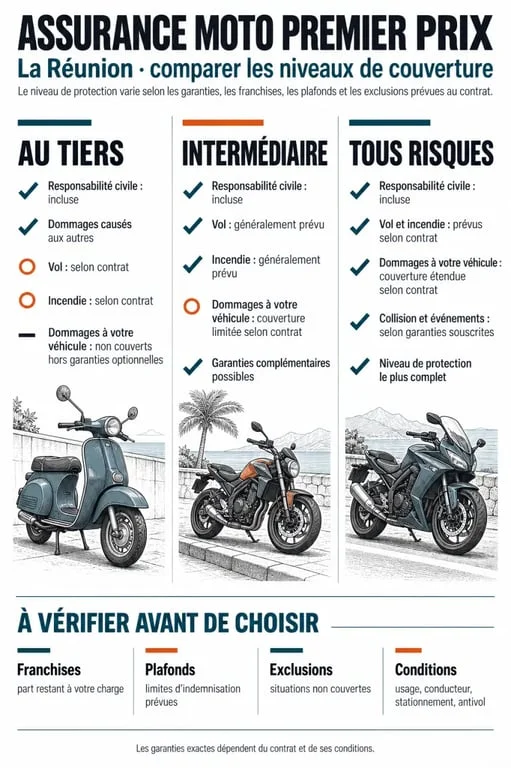 Infographie sur l’assurance moto premier prix à La Réunion et les niveaux de garanties