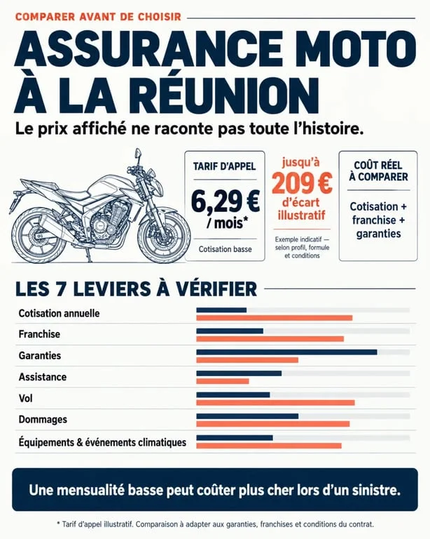 Infographie sur combien peut-on économiser avec une assurance moto à La Réunion selon la prime, la franchise et les garanties