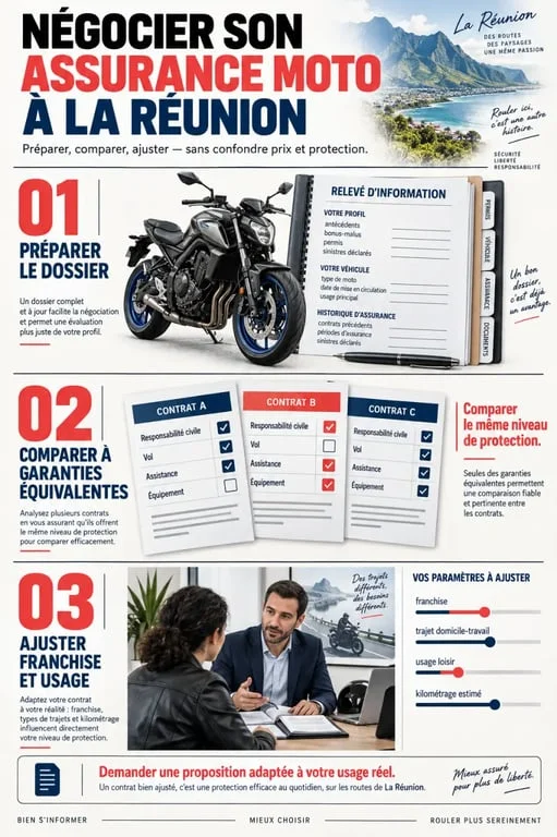 Infographie sur négocier son assurance moto à La Réunion avec comparaison des garanties et préparation du dossier
