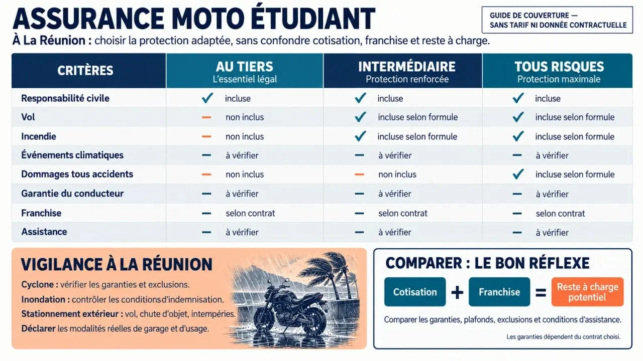 Infographie comparative sur l’assurance moto étudiant pas chère à La Réunion et ses niveaux de garanties