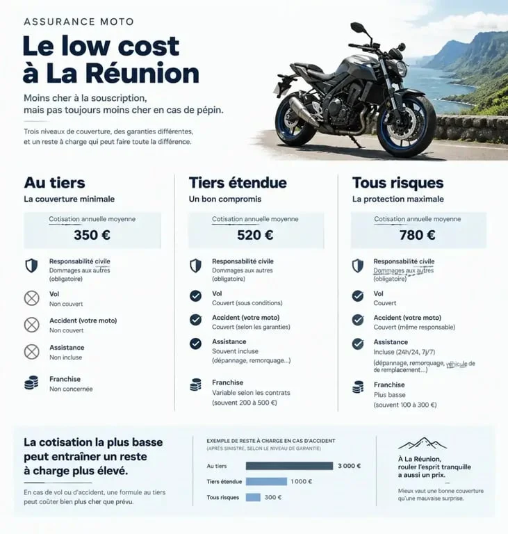 Infographie sur l'assurance moto low cost à La Réunion et les niveaux de garanties