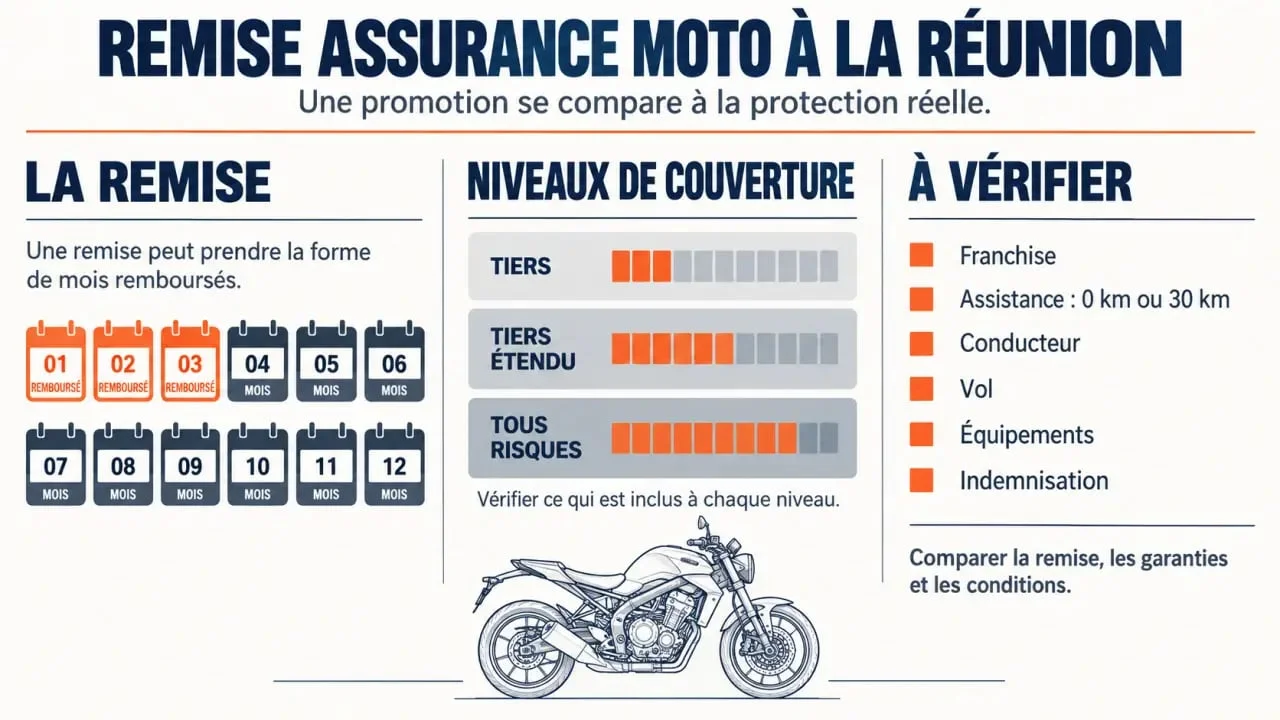 Infographie sur la remise assurance moto à La Réunion et les garanties à comparer