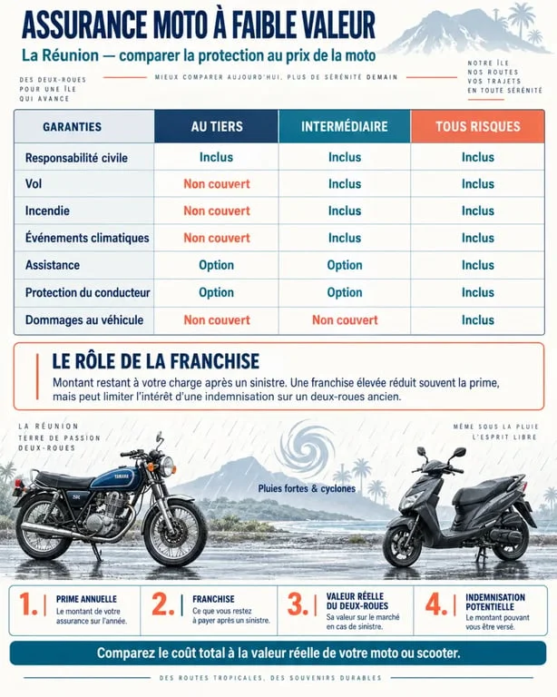 Infographie comparative sur l’assurance moto faible valeur à La Réunion : tiers, intermédiaire et tous risques