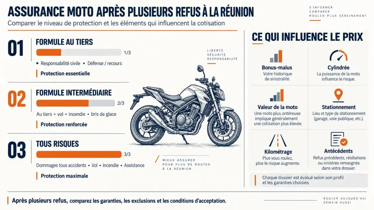 Assurance moto refusé ailleurs : prix à La Réunion et comparaison des formules au tiers, intermédiaire et tous risques