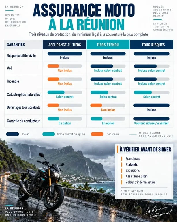 Assurance moto trop pas chère à La Réunion : comparaison visuelle des garanties au tiers, tiers étendu et tous risques