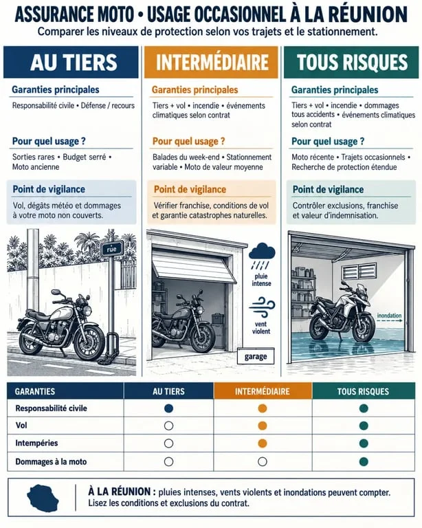 Infographie assurance moto usage occasionnel réunion pas cher : formules, garanties, vol et risques climatiques