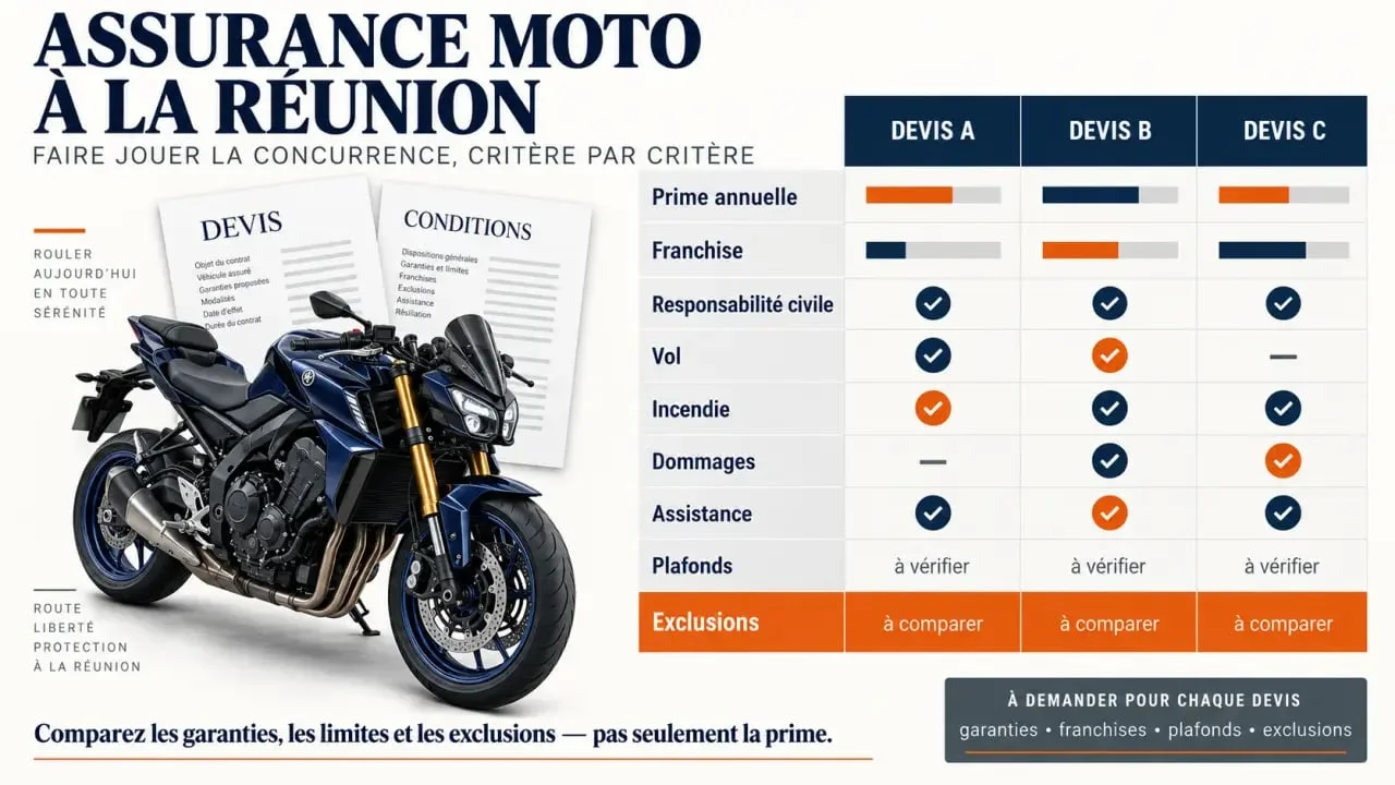 Infographie pour faire jouer la concurrence entre assurances moto à La Réunion