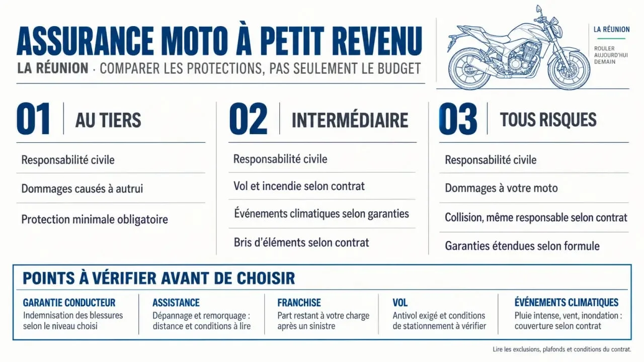Assurance moto petit revenu à La Réunion : différences entre tiers, intermédiaire et tous risques