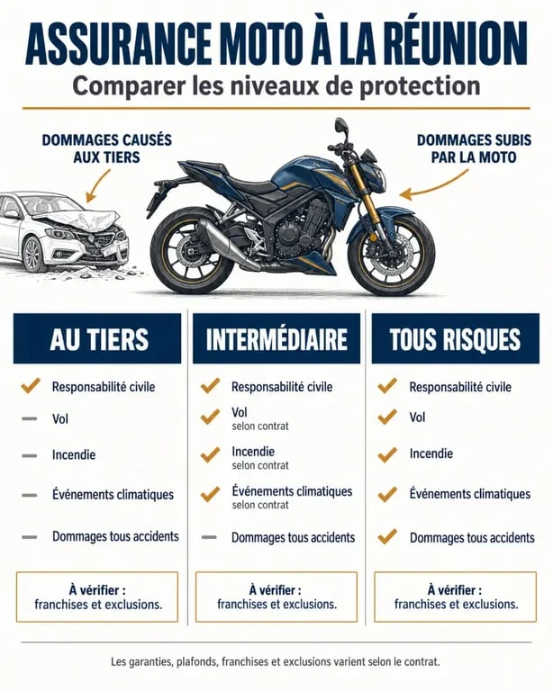 Assurance moto tiers simple pas cher à La Réunion : comparaison des garanties tiers, intermédiaire et tous risques