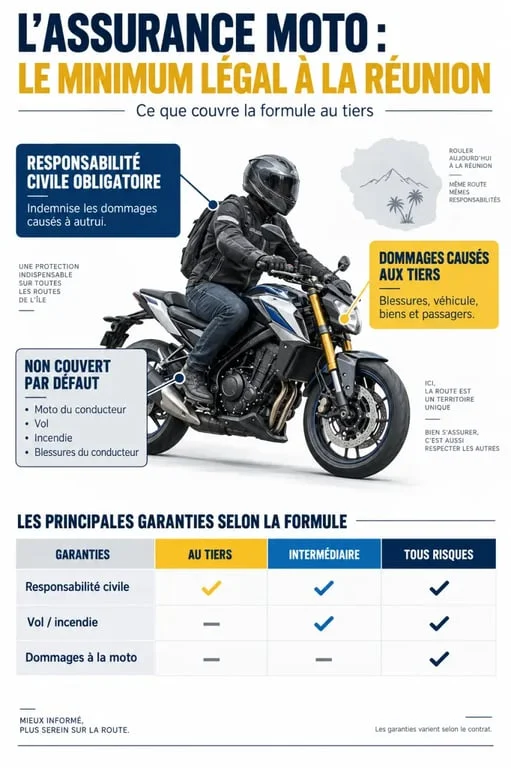 Infographie sur l’assurance moto strict minimum légal à La Réunion et les garanties de la responsabilité civile