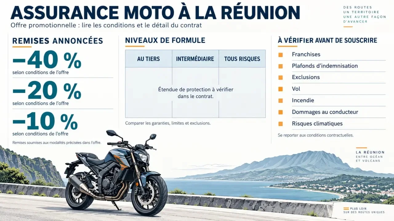 Infographie sur une offre promotionnelle d’assurance moto à La Réunion et les niveaux de garanties