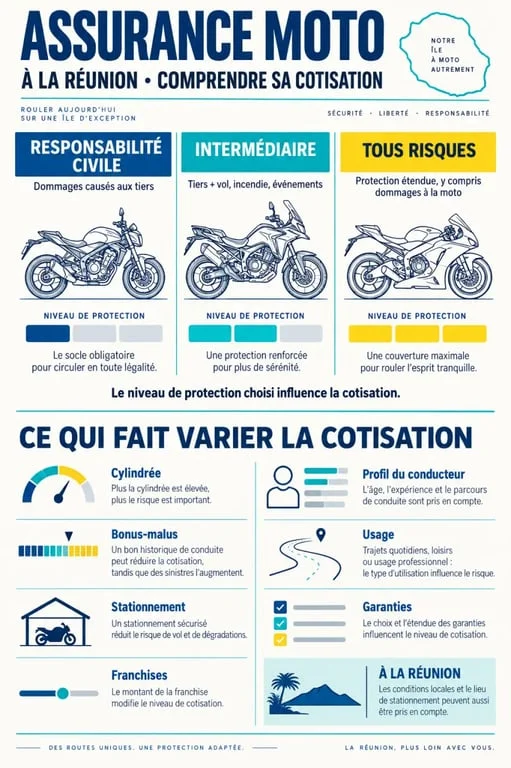 Infographie sur l'assurance moto moins de 20 euros par mois à La Réunion et les facteurs qui influencent le tarif