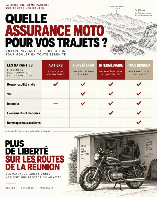 Infographie sur l’assurance moto vieille moto pas chère réunion et les niveaux de garanties