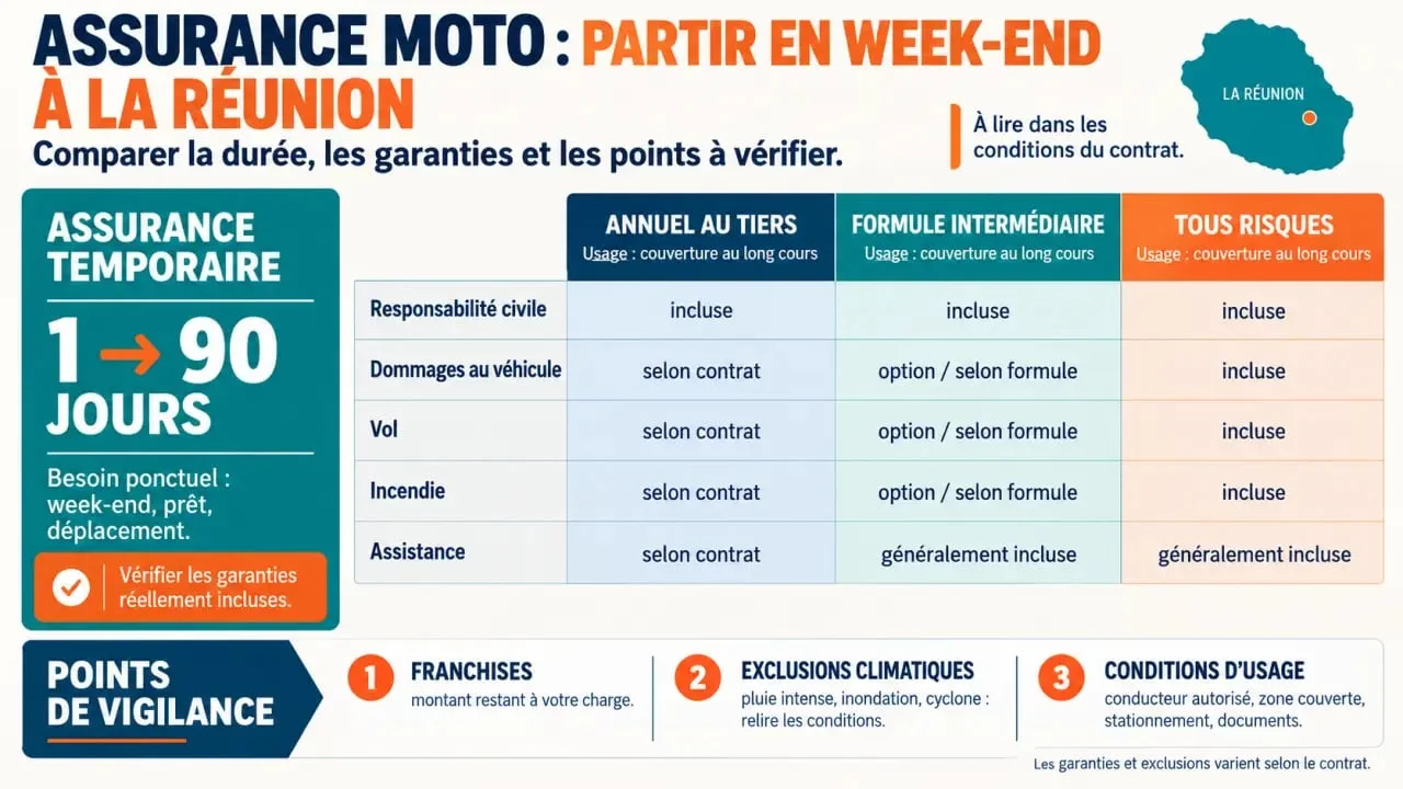 Infographie sur l'assurance moto week-end pas chère à La Réunion et les garanties selon la formule