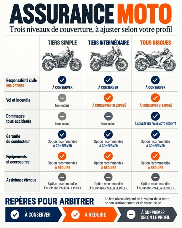 Quelles garanties supprimer pour une assurance moto pas chère : comparaison tiers, tiers intermédiaire et tous risques