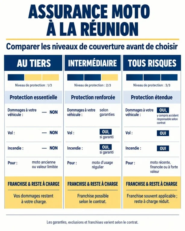 Infographie pour trouver l’assurance moto la moins chère à La Réunion selon la formule choisie