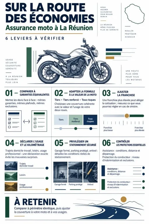 Infographie sur les leviers pour payer moins cher son assurance moto à La Réunion
