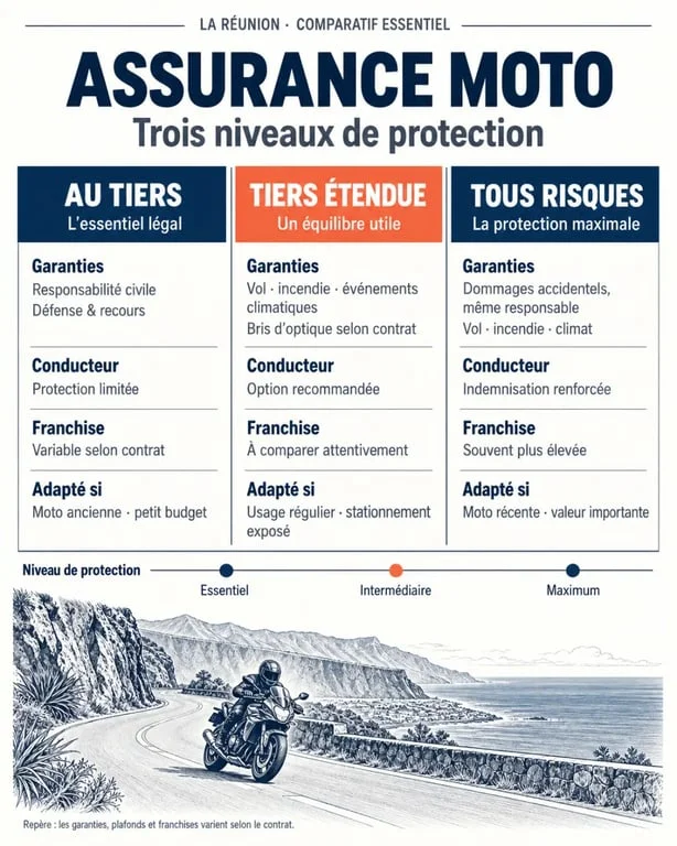 Assurance moto malussé pas chère à La Réunion : comparaison des formules au tiers, tiers étendue et tous risques