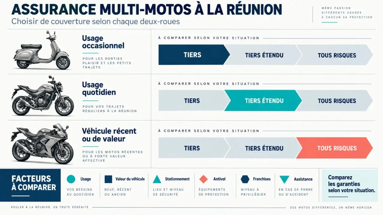 Infographie sur l’assurance multi-motos à La Réunion selon l’usage et la valeur des deux-roues